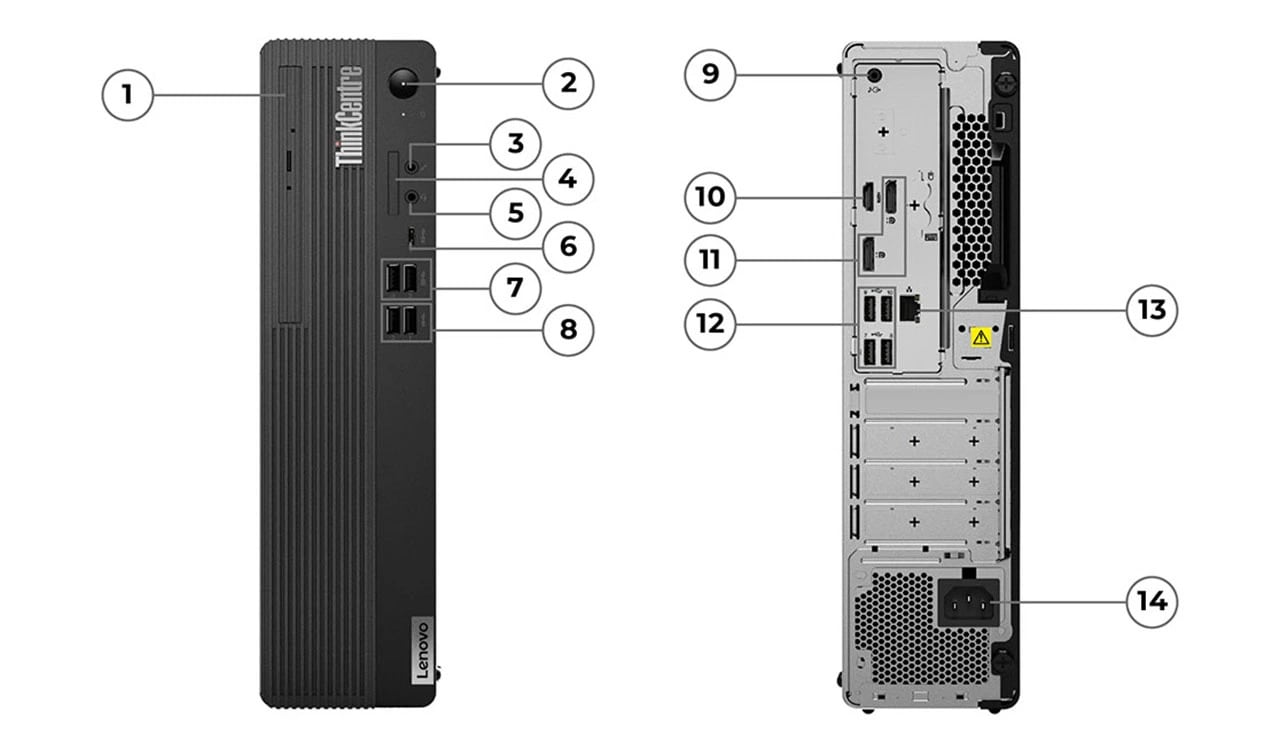 Zwei Lenovo ThinkCentre M70s Gen 4 (Intel) SFF-Desktop-PCs – Ansicht von vorne und hinten, Anschlüsse, Steckplätze und Tasten zur Identifizierung nummeriert