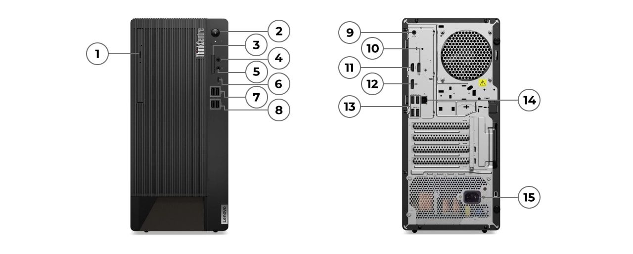 Zwei Lenovo ThinkCentre M90t Gen 4 Tower-PCs – Vorder- und Rückansicht, Anschlüssen zur Identifizierung nummeriert