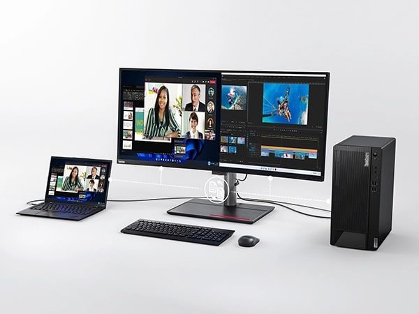 Lenovo ThinkCentre M90t Gen 4 Tower-PC mit zwei Monitoren, einem Notebook und einer kabellosen Tastatur und Maus