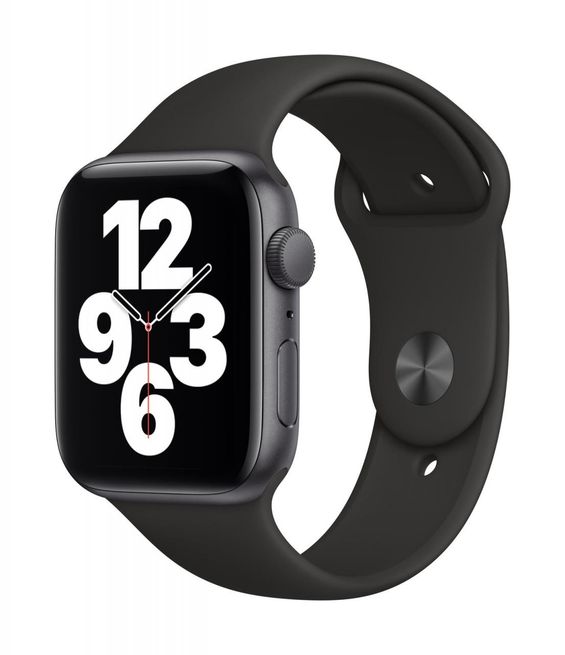 Apple Watch SE (GPS) 44mm Aluminiumgehäuse 32GB space grau (Sportarmband, schwarz, Fluorelastomer, 140-220