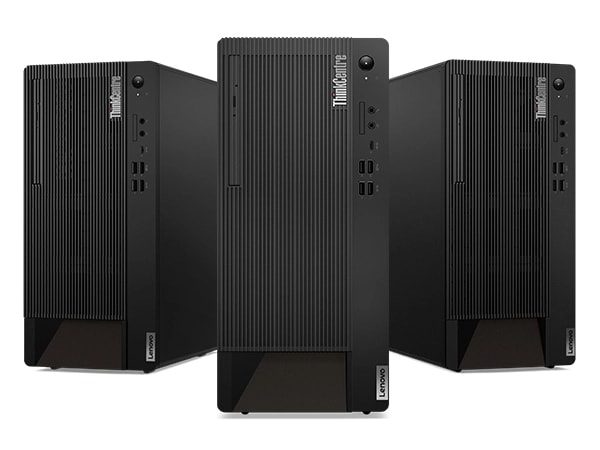 Drei Lenovo ThinkCentre M90t Gen 4 Tower-PCs- nebeneinander – Vorderansicht von schräg rechts, Vorderansicht und Vorderansicht von schräg links
