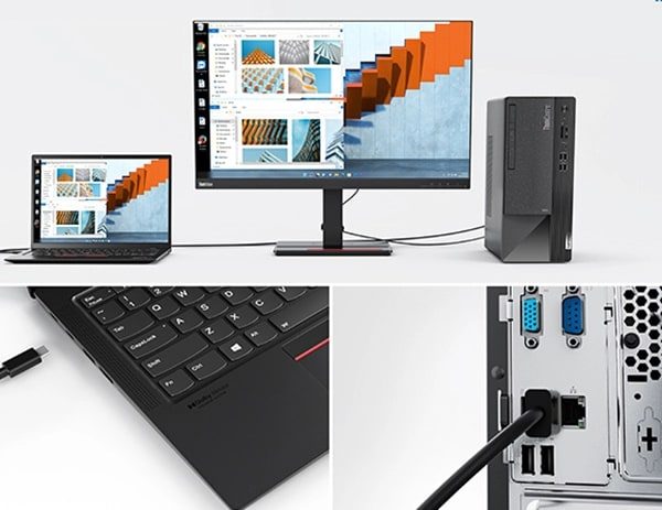 Fotoillustration des ThinkCentre Neo 50t Gen 4 (Intel) PC, über das optionale Smart Cable mit anderen Geräten verbunden