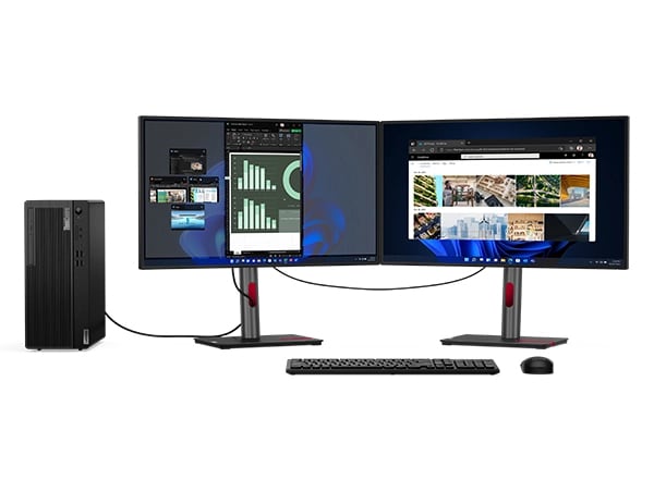 Lenovo ThinkCentre M70t Gen 4 (Intel) Desktop-Tower – Ansicht von vorne mit zwei Monitoren, kabelloser Tastatur und kabelloser Maus, nicht im Lieferumfang enthalten