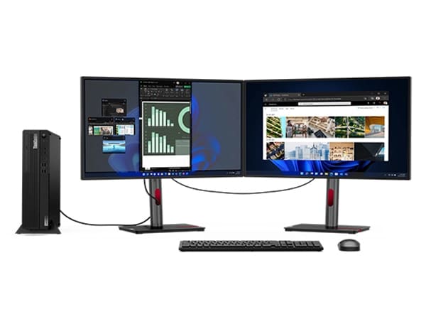 Lenovo ThinkCentre M70s Gen 4 (Intel) SFF-Desktop-PC – Ansicht von vorne mit zwei Monitoren, kabelloser Tastatur und kabelloser Maus (Zubehör nicht im Lieferumfang enthalten)