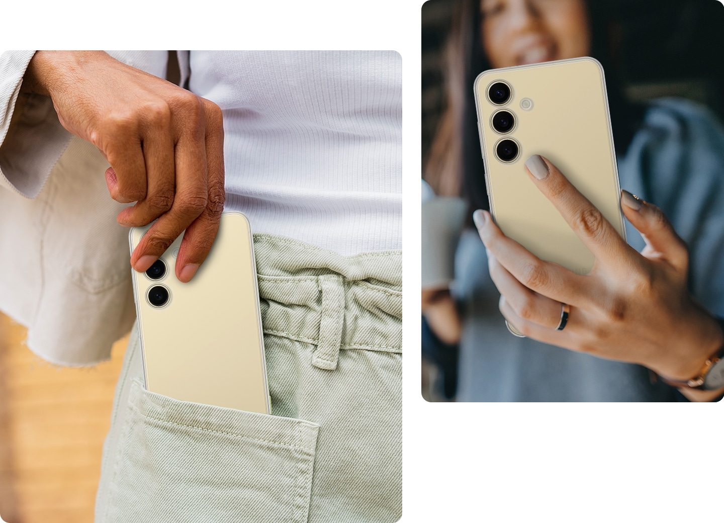 Das Galaxy S24 im Clear Case unterstreicht sein schlankes Design, während die Person das Smartphone in ihre Tasche steckt und es hält, um die Transparenz des Cases zu präsentieren.
