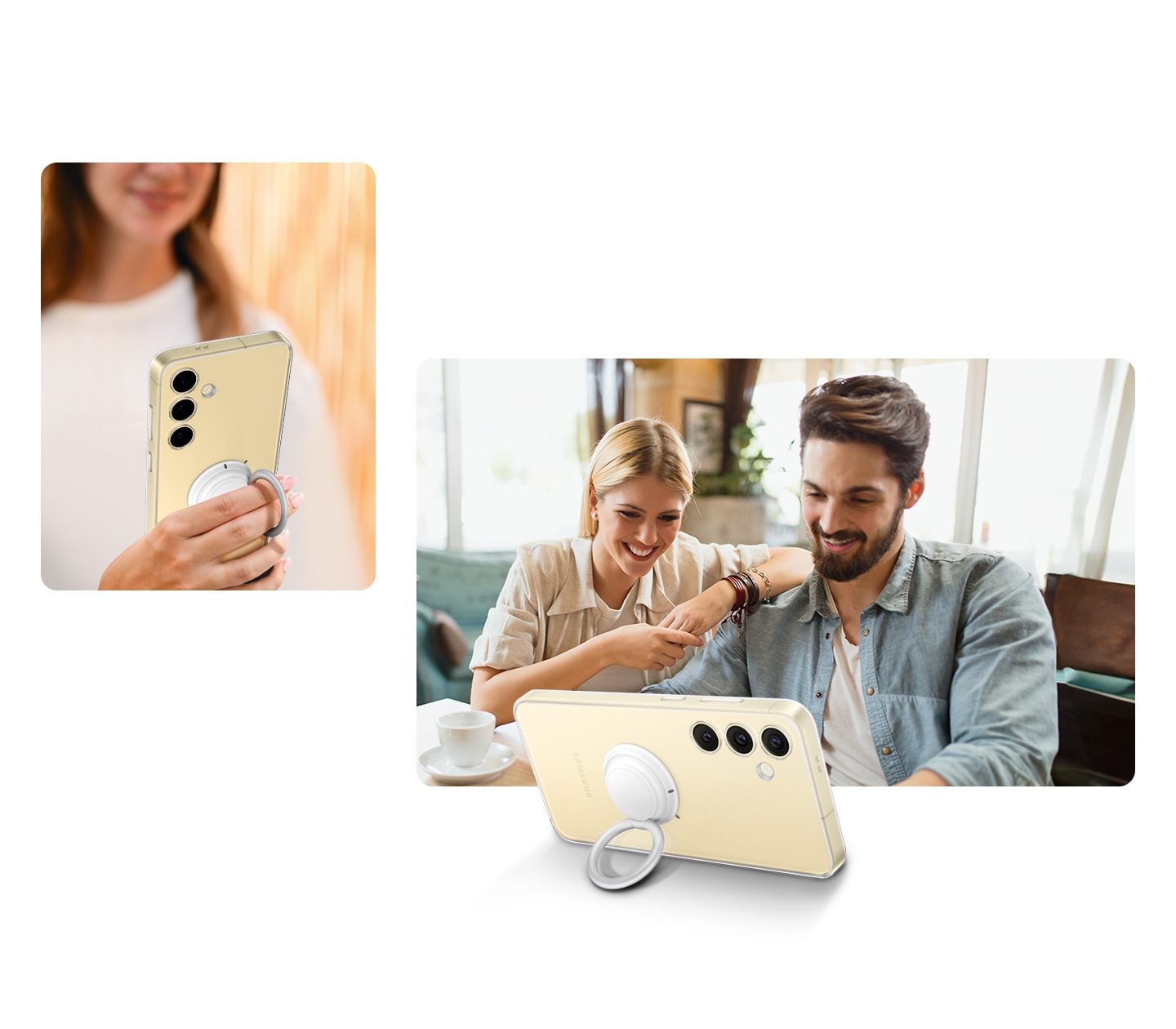 Links ist eine Frau zu sehen, die das Galaxy S24 in einem Shield Case in Light Grey hält. Die Lifestyle-Aufnahme zeigt das Farbschema und das Design des Produkts, das sich dem modernen Leben anpasst.