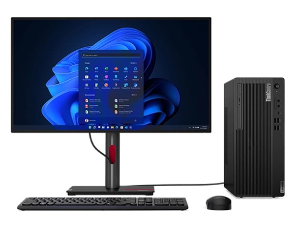 Lenovo ThinkCentre M70t Gen 4 (Intel) Desktop-Tower – Ansicht von vorne mit Monitor, kabelloser Tastatur und kabelloser Maus, nicht im Lieferumfang enthalten