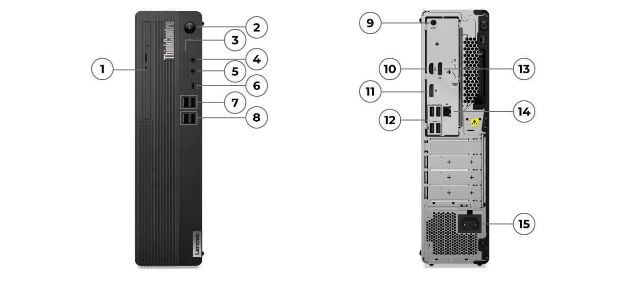 Zwei Lenovo ThinkCentre M90s Gen 4 Kompakt-PCs – Vorder- und Rückansicht, Anschlüsse zur Identifizierung nummeriert