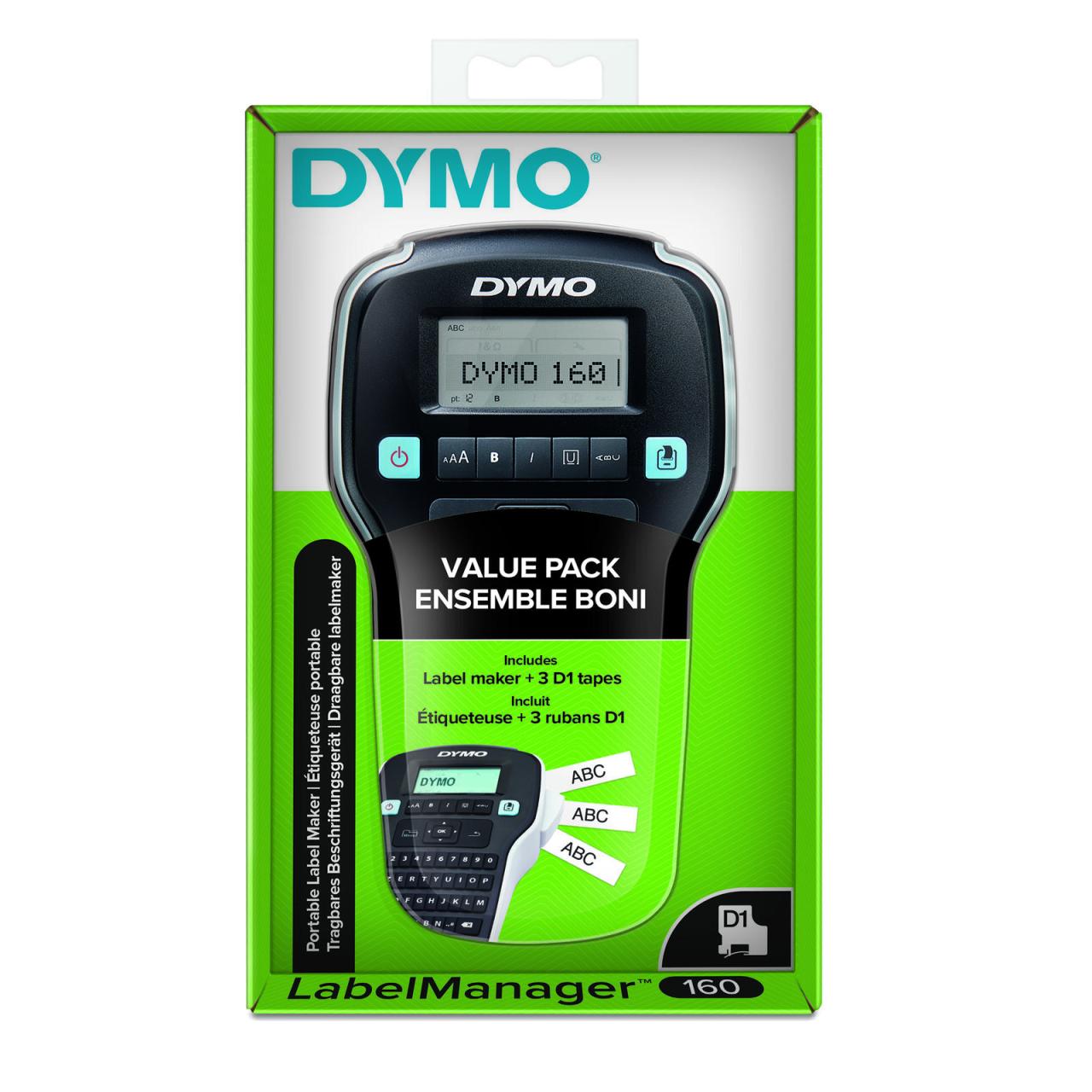 DYMO LabelManager 160 Value Pack inkl. 3x Standardetiketten 12mm schwarz auf weiß