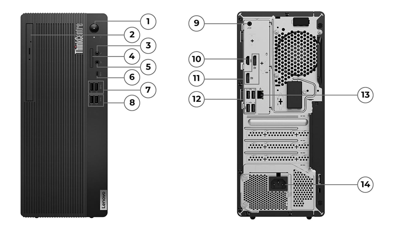 Zwei Lenovo ThinkCentre M70t Gen 4 (Intel) Desktop-Tower – Ansicht von hinten und vorne, Anschlüsse, Steckplätze und Tasten zur Identifizierung nummeriert