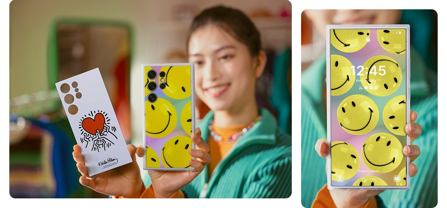 Links ist eine Frau zu sehen, die das Galaxy S24 in einem Shield Case in Light Grey hält. Die Lifestyle-Aufnahme zeigt das Farbschema und das Design des Produkts, das sich dem modernen Leben anpasst.