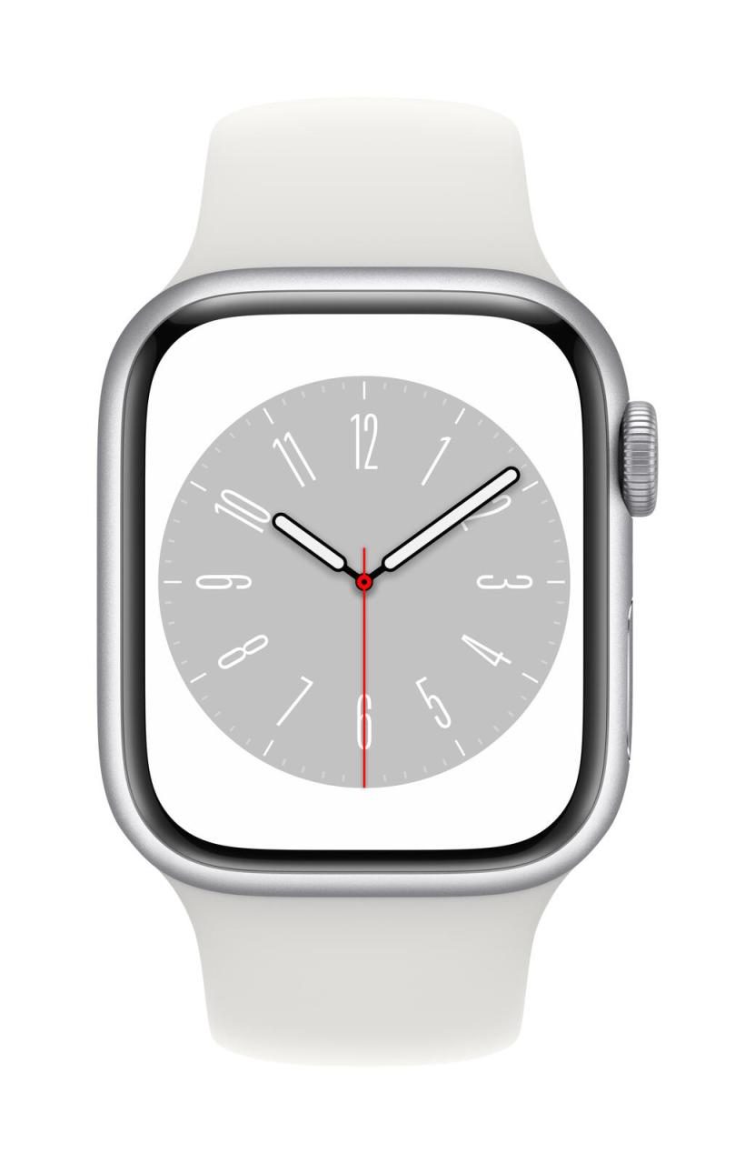 Apple Watch Series 8 (GPS + Cellular) 45mm Edelstahlgehäuse silber, Sportband weiß
